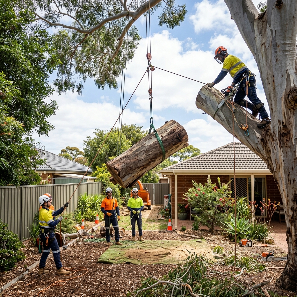 Tree removal crew lowering large branch with ropes in Melbourne